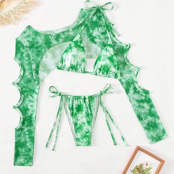 Women's 3 Piece Tie Dye Triangle Bikini Tie Side Halter Swimsuit Monokin with Cu - Picture 6 of 6